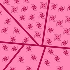 Schematic representation of a windmill, a turntable. Seamless repeating pattern to create gift wrapping paper. Pinwheel on a pink background.