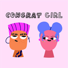 vector postcard and lettering - congratulations girls.Lgbt couple with colored hair portrait.International Women's Day.Gender equality and feminism. Freedom of expression and multi-culture.Cute 2021