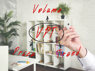  VPT Volume Price Trend written text. Hand holding marker for writing isolated on background.