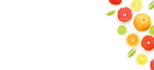 Flat lay composition with citrus fruits, leaves and flowers on white background, copy space, banner.