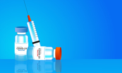 The concept of the Covid-19 coronavirus. vaccine bottle and syringe on blue background