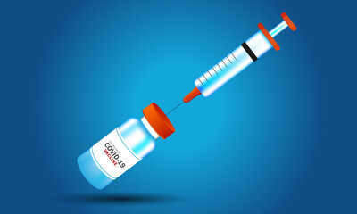 The concept of the Covid-19 coronavirus. vaccine bottle and syringe on blue background