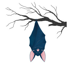 bat hanging on a branch, halloween cute card, hand drawing - 408929253