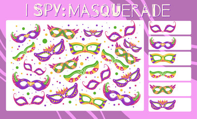 I spy game. Childrens educational fun. Count how many elements. Flat hand drawn cartoon masquerade masks. Mardi Gras holiday. Theater and opera. Vector template for preschool games.