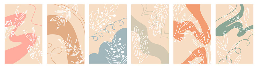 Set of Various Leaves and Flowers, abstract shapes. Round elements, abstract shapes, lines, floral. Contemporary Hand drawn illustrations. Line art. Minimalistic style. Vector stock illustration. 