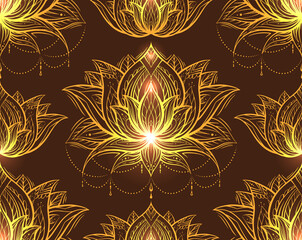 Seamless tribal pattern with golden lotus with ornament on a dark background. Luxurious contour texture with water lily flower. Natural wallpaper for spa centers. Meditation and sacred symbol.