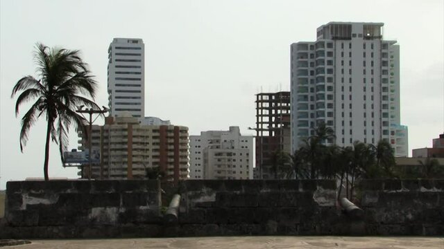 Buildings of the modern city of Cartagena viewed from the fortress of Castillo de San Felipe de Barajas, Colombia.