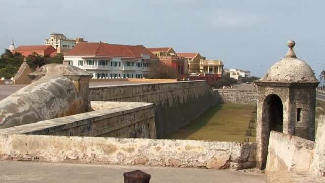 Watchtower and the walls of the fortress of Castillo de San Felipe de Barajas, Cartagena, Colombia.