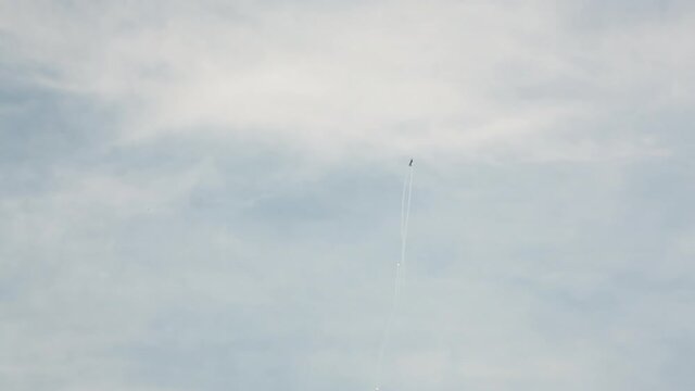 Aerobatic Airshow Display with F16 Fighter Jet Plane, Climbing and Shooting Flares while doing Acrobatic Manoeuvres under Open Blue Sky