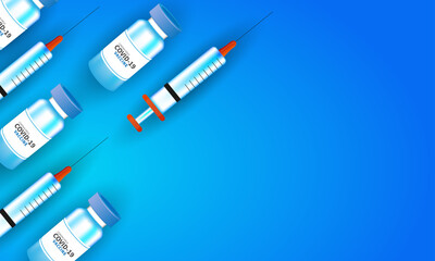 The concept of the Covid-19 coronavirus. vaccine bottle and syringe on blue background