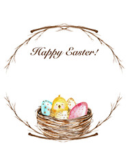 Watercolor cute Easter themed wreath with branches nest, colorful eggs and cheek. For greeting cards, posters, decor, scrapbooking, isolated on white
