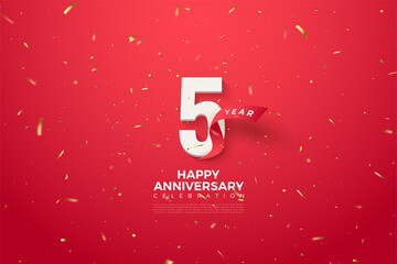 5th Anniversary with numbers and a curved red ribbon next to the numbers.