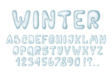 Snowy white blue alphabet, winter font. Cute set letters, numbers, symbols. Illustration isolated on white