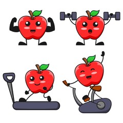 vector illustration of cute apple fruit gym fitness theme bundle set. cute apple fruit Concept White Isolated. Flat Cartoon Style Suitable for Landing Page, Banner, flyer, Sticker.