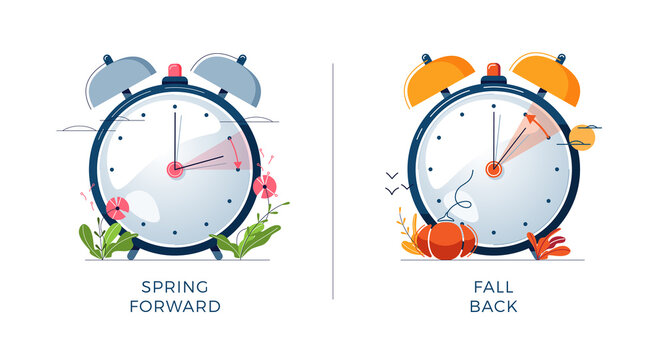 Daylight Saving Time concept. Set of alarm clocks, text fall back, spring forward. Landscapes collection, the clocks turning to summer and winter time for website design. Flat vector illustration