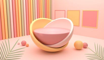 Cute peach podium with tropical leaf surrounded by pastel color bar, isolated on peach background, can be used for product display, branding, showcase, cosmetic display, advertising. 3D Render.