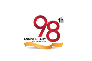 98 anniversary design logotype red color and golden ribbon for celebration isolated on white background