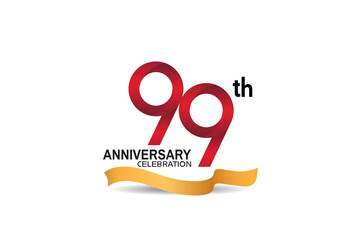 99 anniversary design logotype red color and golden ribbon for celebration isolated on white background