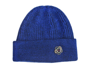 stylish fashion blue knitted hat with rhinestone brooch in trendy color, winter headdress for women