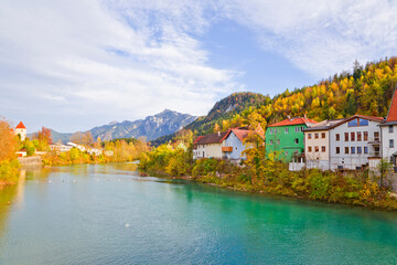 Lech river and autumn forest in Fussen, Bavaria, Germany.