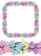 Frame and seamless border of wildflowers. Line art. Decorative isolated element for design.