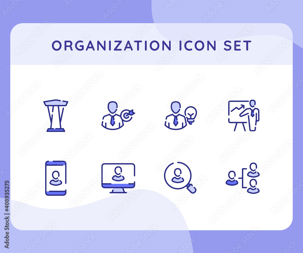 Poster organization icon icons set collection collections package podium speaker candidate magnifier struct