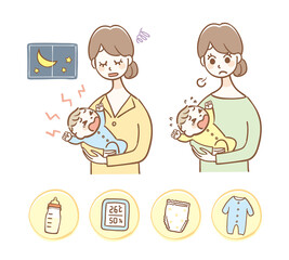 泣いている赤ちゃんとアイコンのセット