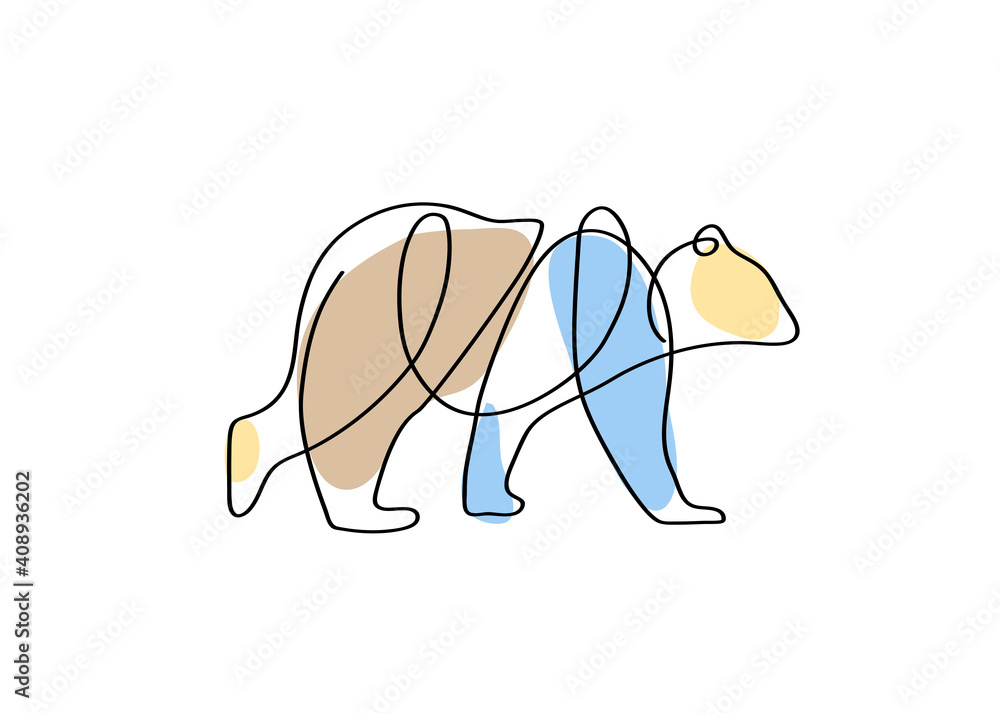 Wall mural single continuous line with simple color of wild elegant bear vector