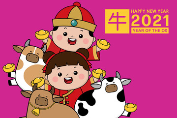 Naklejka premium Happy Chinese new year 2021 greeting card with cute boy, girl and cow. Animal and kids holiday cartoon character vector set. Translate: Happy new year.