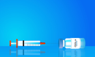 The concept of the Covid-19 coronavirus. vaccine bottle and syringe on blue background