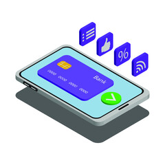Isometric image of smartphone and credit card on a white background.Concept of mobile wallet app. Vector