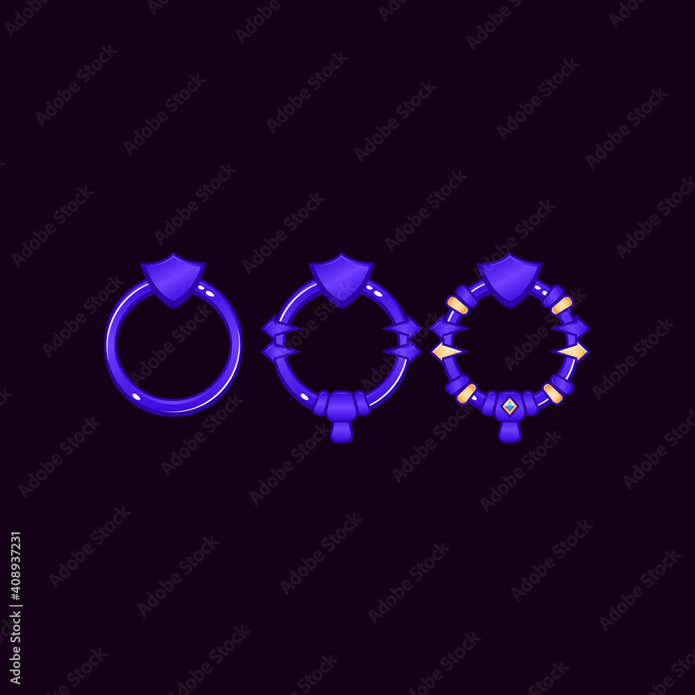 Poster set of rounded game ui border frame with shield symbol for gui asset elements vector illustration