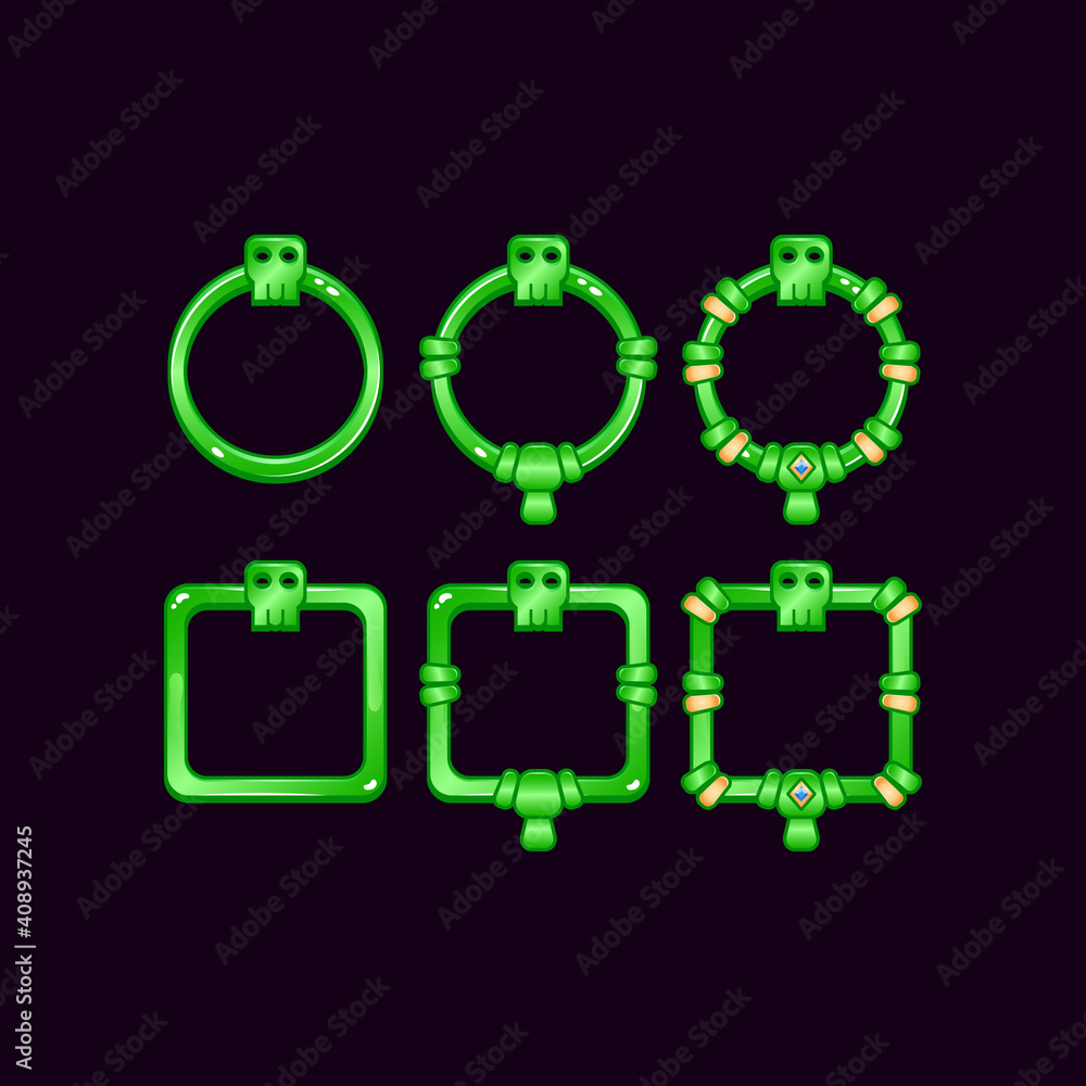 Poster set of game ui border frame with skull symbol for gui asset elements