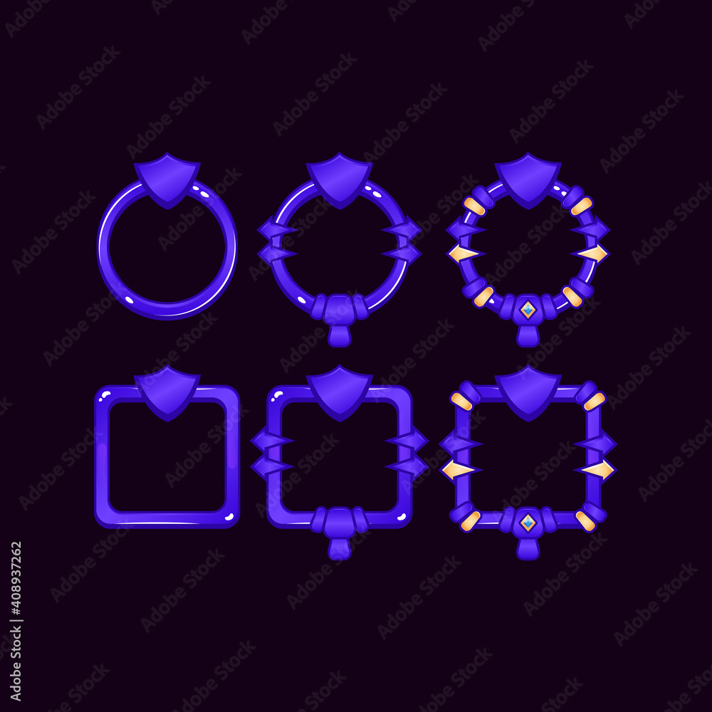 Poster set of game ui border frame with shield symbol for gui asset elements