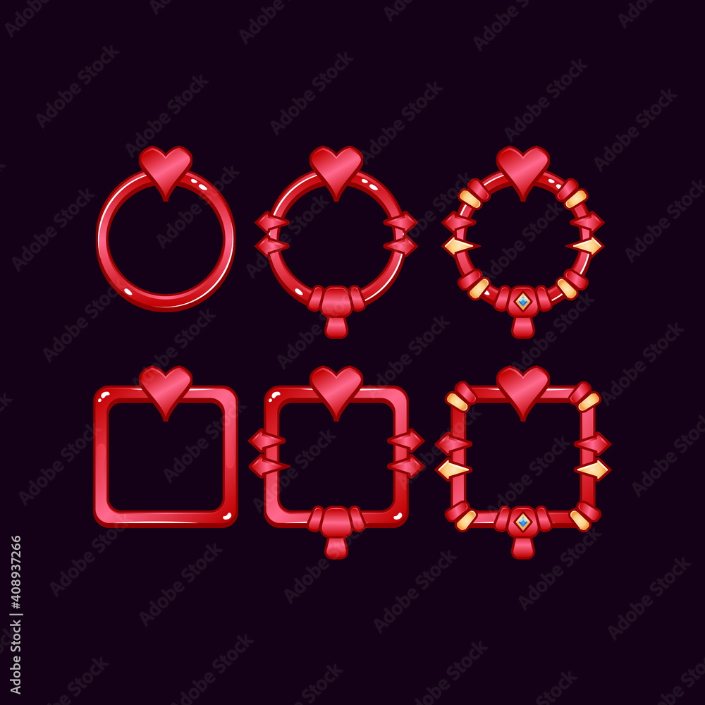 Aufkleber set of game ui border frame with heart symbol for gui asset elements