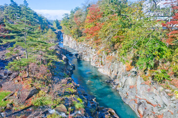 Fototapeta na wymiar Genbikei is a ravine or river gorge that has been designated a Place of Scenic Beauty and Natural Monument in Ichinoseki, Iwate Prefecture, Japan.