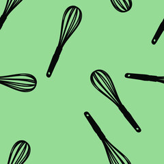 Pattern behind a green background with black vector kitchen whisks