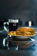 Breakfast sub sandwich with black coffee