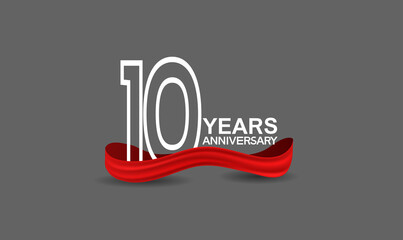 10 years anniversary line style white color with red color ribbon isolated on dark grey background can be use for party, invitation and celebration event