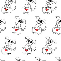 Vector Seamless pattern. Cute contour little dog with love letter and hearts. Hand drawn doodle. Background and texture on theme of Valentine's Day, sending and receiving post, confessions of feelings