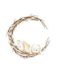 Watercolor cute Easter wreath with willow branches and bunny. For greeting cards, posters, decor, scrapbooking, isolated on white
