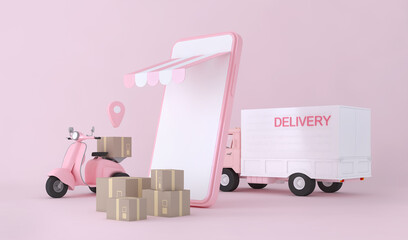 Shopping online express delivery service concept, fast response delivery by scooter, courier Pickup, Delivery, Online Shipping Services. 3d Rendering.