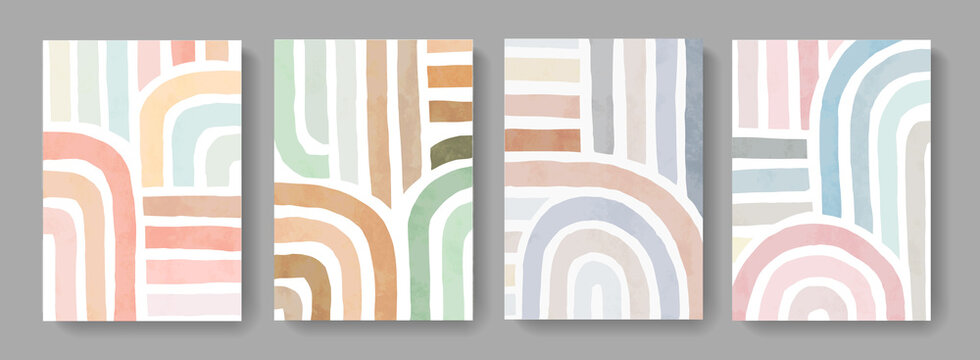 Set of minimalist hand painted posters. Mid century modern illustration. Abstract cover design. Contemporary art.