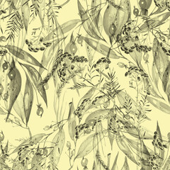 Fototapeta premium Watercolor seamless pattern. Branch with berry Watercolor background, drawing with autumn leaves, plants, berries, branches of linden, aspe. Spikelet, wheat, wild grass. tansy, immortelle, wild herbs
