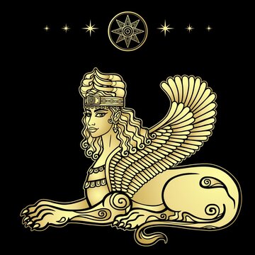 Animation drawing: sphinx woman with lion body and wings, a character in Assyrian mythology. Ishtar, Astarta, Inanna. Sumerian symbols. Vector gold illustration isolated on a black background.