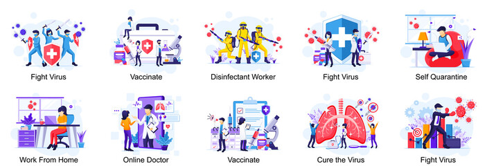Fototapeta premium Set of COVID-19 Coronavirus illustration, Doctor and nurses fight the virus, Coronavirus disease concept flat vector illustration