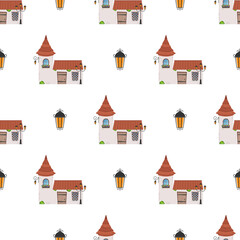 Seamless pattern with castle tower. Endless background. Good for wrapping paper, postcards, and books. Cartoon style. Vector .