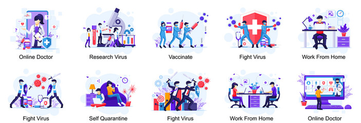 Set of COVID-19 Coronavirus illustration, Doctor and nurses fight the virus, Coronavirus disease concept flat vector illustration