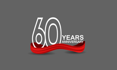 60 years anniversary line style white color with red color ribbon isolated on dark grey background can be use for party, invitation and celebration event