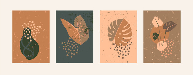 Vector botanical terracotta wall art set. Mid century Modern abstract vases and exotic tropical plants. Ink brush stroke prints. Creative contemporary wall prints, posters, card templates collection